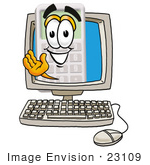 #23109 Clip Art Graphic Of A Calculator Cartoon Character Waving From Inside A Computer Screen