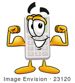 #23120 Clip Art Graphic Of A Calculator Cartoon Character Flexing His Arm Muscles