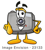 #23133 Clip Art Graphic Of A Flash Camera Cartoon Character Pointing At The Viewer