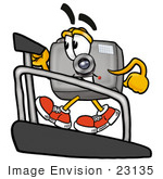 #23135 Clip Art Graphic Of A Flash Camera Cartoon Character Walking On A Treadmill In A Fitness Gym