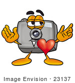 #23137 Clip Art Graphic Of A Flash Camera Cartoon Character With His Heart Beating Out Of His Chest