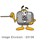 #23138 Clip Art Graphic Of A Flash Camera Cartoon Character Holding A Pointer Stick