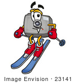 #23141 Clip Art Graphic Of A Flash Camera Cartoon Character Skiing Downhill