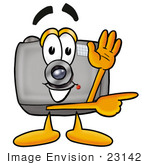 #23142 Clip Art Graphic Of A Flash Camera Cartoon Character Waving And Pointing