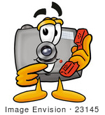 #23145 Clip Art Graphic Of A Flash Camera Cartoon Character Holding A Telephone