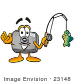 #23148 Clip Art Graphic Of A Flash Camera Cartoon Character Holding A Fish On A Fishing Pole