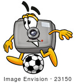 #23150 Clip Art Graphic Of A Flash Camera Cartoon Character Kicking A Soccer Ball