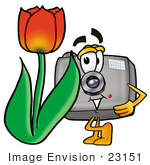 #23151 Clip Art Graphic Of A Flash Camera Cartoon Character With A Red Tulip Flower In The Spring