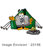 #23156 Clip Art Graphic Of A Flash Camera Cartoon Character Camping With A Tent And Fire