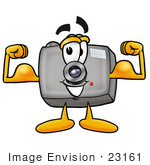 #23161 Clip Art Graphic Of A Flash Camera Cartoon Character Flexing His Arm Muscles