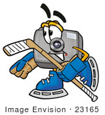 #23165 Clip Art Graphic Of A Flash Camera Cartoon Character Playing Ice Hockey