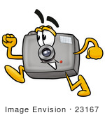 #23167 Clip Art Graphic Of A Flash Camera Cartoon Character Running