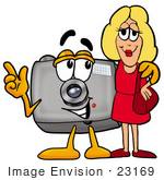 #23169 Clip Art Graphic Of A Flash Camera Cartoon Character Talking To A Pretty Blond Woman