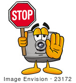 #23172 Clip Art Graphic Of A Flash Camera Cartoon Character Holding A Stop Sign