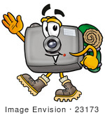 #23173 Clip Art Graphic Of A Flash Camera Cartoon Character Hiking And Carrying A Backpack