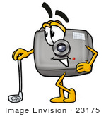 #23175 Clip Art Graphic Of A Flash Camera Cartoon Character Leaning On A Golf Club While Golfing