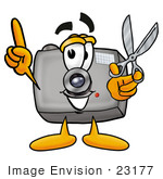 #23177 Clip Art Graphic Of A Flash Camera Cartoon Character Holding A Pair Of Scissors