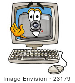 #23179 Clip Art Graphic Of A Flash Camera Cartoon Character Waving From Inside A Computer Screen