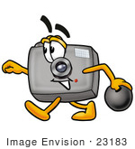 #23183 Clip Art Graphic Of A Flash Camera Cartoon Character Holding A Bowling Ball
