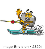 #23201 Clip Art Graphic Of A Flash Camera Cartoon Character Waving While Water Skiing