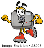 #23203 Clip Art Graphic Of A Flash Camera Cartoon Character Roller Blading On Inline Skates