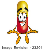 #23204 Clip Art Graphic Of A Red And Yellow Pill Capsule Cartoon Character Sitting