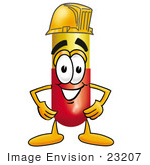 #23207 Clip Art Graphic Of A Red And Yellow Pill Capsule Cartoon Character Wearing A Hardhat Helmet