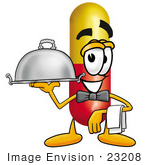 #23208 Clip Art Graphic Of A Red And Yellow Pill Capsule Cartoon Character Dressed As A Waiter And Holding A Serving Platter