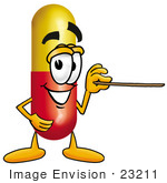 #23211 Clip Art Graphic Of A Red And Yellow Pill Capsule Cartoon Character Holding A Pointer Stick