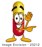 #23212 Clip Art Graphic Of A Red And Yellow Pill Capsule Cartoon Character Waving And Pointing