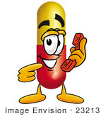 #23213 Clip Art Graphic Of A Red And Yellow Pill Capsule Cartoon Character Holding A Telephone