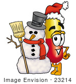 #23214 Clip Art Graphic Of A Red And Yellow Pill Capsule Cartoon Character With A Snowman On Christmas