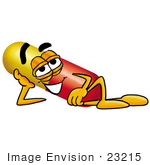 #23215 Clip Art Graphic Of A Red And Yellow Pill Capsule Cartoon Character Resting His Head On His Hand