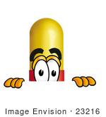 #23216 Clip Art Graphic Of A Red And Yellow Pill Capsule Cartoon Character Peeking Over A Surface