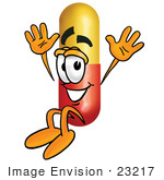 #23217 Clip Art Graphic Of A Red And Yellow Pill Capsule Cartoon Character Jumping