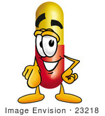 #23218 Clip Art Graphic Of A Red And Yellow Pill Capsule Cartoon Character Pointing At The Viewer