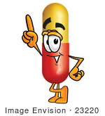 #23220 Clip Art Graphic Of A Red And Yellow Pill Capsule Cartoon Character Pointing Upwards