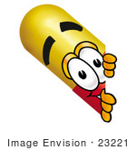 #23221 Clip Art Graphic Of A Red And Yellow Pill Capsule Cartoon Character Peeking Around A Corner