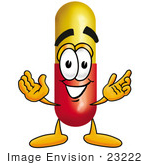 #23222 Clip Art Graphic Of A Red And Yellow Pill Capsule Cartoon Character With Welcoming Open Arms