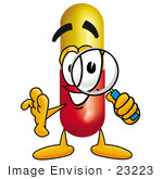 #23223 Clip Art Graphic Of A Red And Yellow Pill Capsule Cartoon Character Looking Through A Magnifying Glass