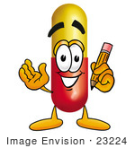 #23224 Clip Art Graphic Of A Red And Yellow Pill Capsule Cartoon Character Holding A Pencil