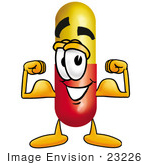 #23226 Clip Art Graphic Of A Red And Yellow Pill Capsule Cartoon Character Flexing His Arm Muscles