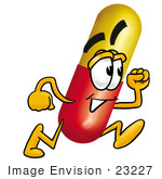 #23227 Clip Art Graphic Of A Red And Yellow Pill Capsule Cartoon Character Running
