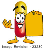 #23230 Clip Art Graphic Of A Red And Yellow Pill Capsule Cartoon Character Holding A Yellow Sales Price Tag