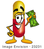 #23231 Clip Art Graphic Of A Red And Yellow Pill Capsule Cartoon Character Holding A Dollar Bill