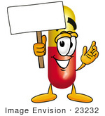 #23232 Clip Art Graphic Of A Red And Yellow Pill Capsule Cartoon Character Holding A Blank Sign