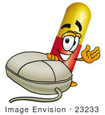 #23233 Clip Art Graphic Of A Red And Yellow Pill Capsule Cartoon Character With A Computer Mouse