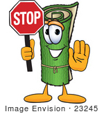 #23245 Clip Art Graphic Of A Rolled Green Carpet Cartoon Character Holding A Stop Sign
