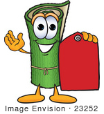 #23252 Clip Art Graphic Of A Rolled Green Carpet Cartoon Character Holding A Red Sales Price Tag