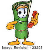 #23253 Clip Art Graphic Of A Rolled Green Carpet Cartoon Character Holding A Telephone